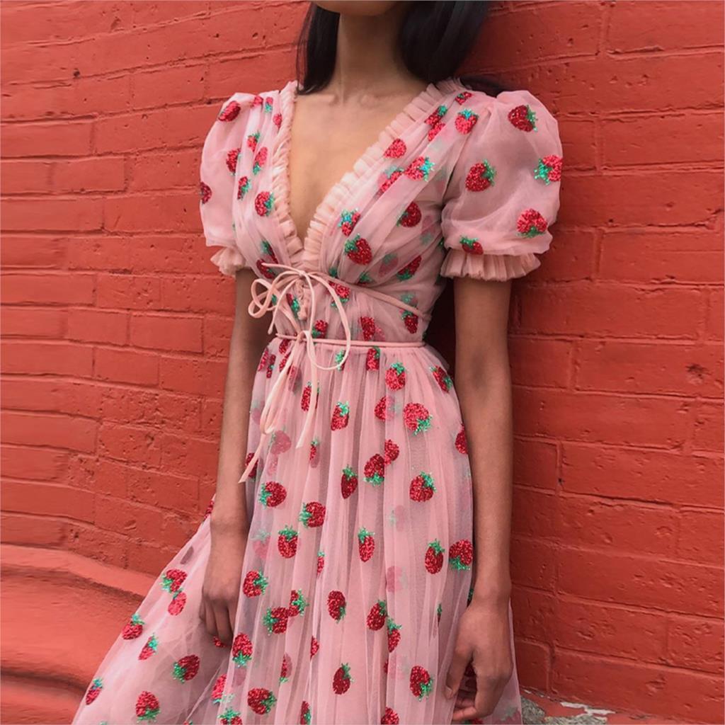 Laamei Sweet Strawberry Sequined Embroidery Ruffle Maxi Women Summer V-neck Puff Sleeve Bow Pink Tulle Mesh Long Dress Q1229, Black;gray
Laamei Sweet Strawberry Sequined Embroidery Ruffle Maxi Women Summer V-neck Puff Sleeve Bow Pink Tulle Mesh Long Dress Q1229, Black;gray
