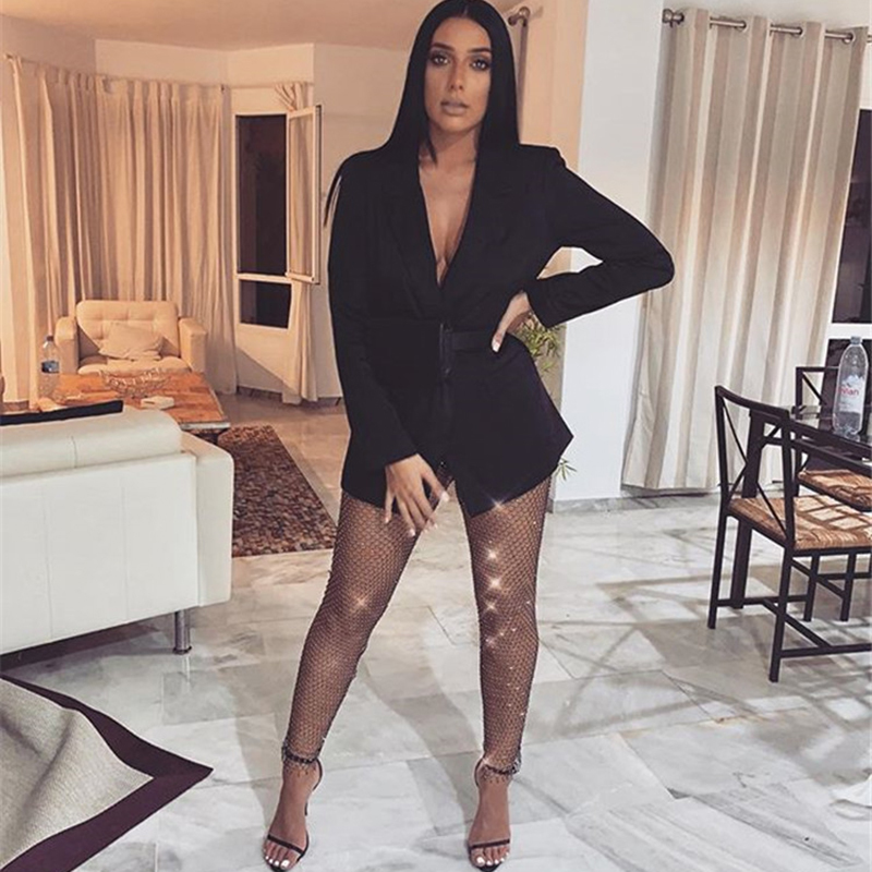Shiny Crystal Rhinestones Fishnet Sexy Tunic Pants Women Long Bottoms Mesh Hollow Out Transparent Club Party Trousers T200606