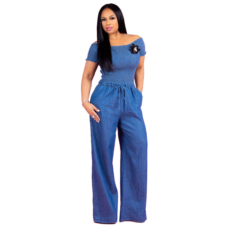 Europe and the fold a word shoulder denim jumpsuits with short sleeves Sexy wide legged jumpsuits0224 T200107
