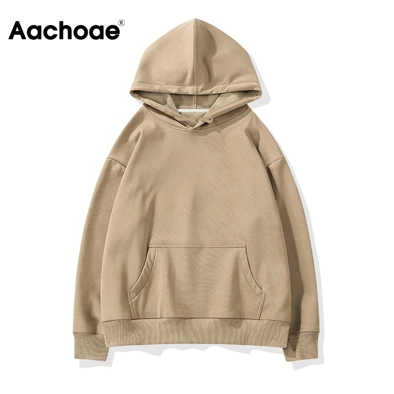 Aachoae Fleece Hooded Sweatshirt Women Autumn Winter Long Sleeve Casual Hoodies Solid Color Pocket Jacket Ladies Pullovers 201202