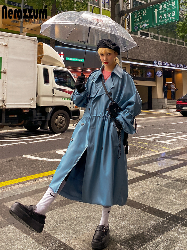Nerazzurri Oversized blue long leather trench coat women raglan sleeve drawstring Loose casual plus size waterproof raincoat 7xl 201226