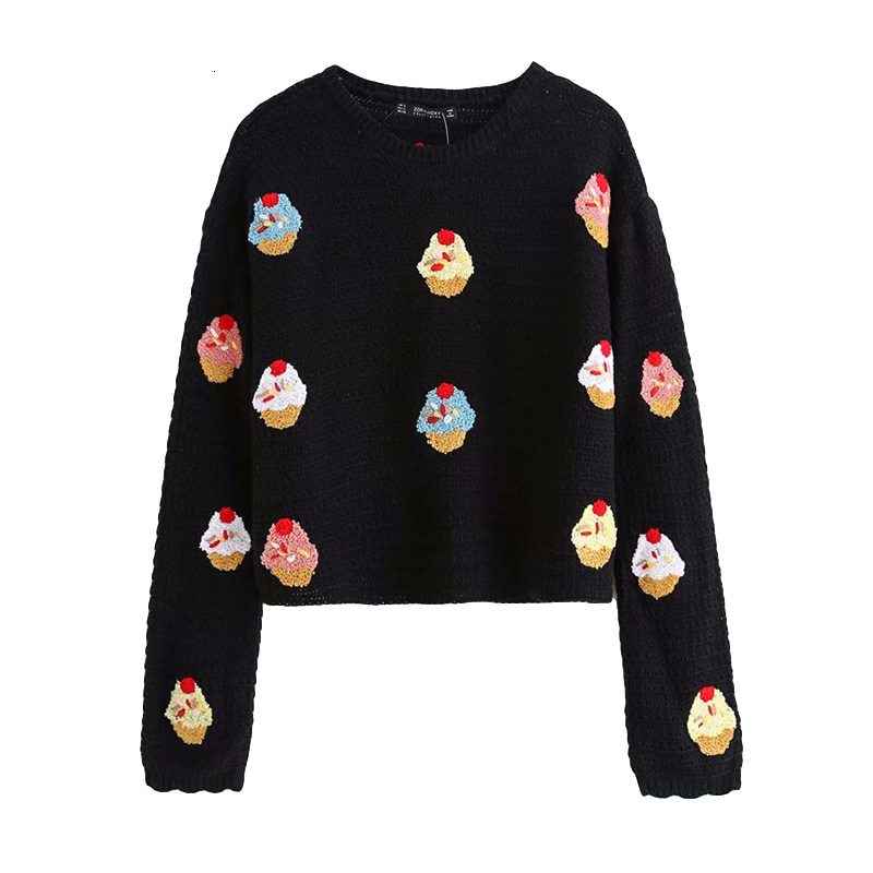 2021 New Elegant Women Cake Embroidery Sweater Fashion Ladies O-neck Knitted Tops Streetwear Female Chic Loose Pullovers F9e1, Black
2021 New Elegant Women Cake Embroidery Sweater Fashion Ladies O-neck Knitted Tops Streetwear Female Chic Loose Pullovers F9e1, Black