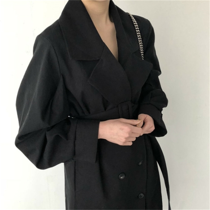 Spring Woman khaki Long Trench Coat British Style Vintage Puff Sleeve Long Dust Coat Elegant Waist Bandage Windbreaker 201029