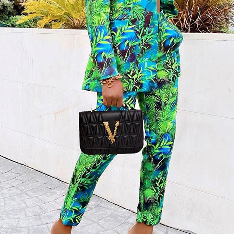 Green Jungle Print Blazer Pant Suits Women Vintage Streetwear 2 Piece Set Long Sleeve Coat and High Waist Trouser 2020Autumn New