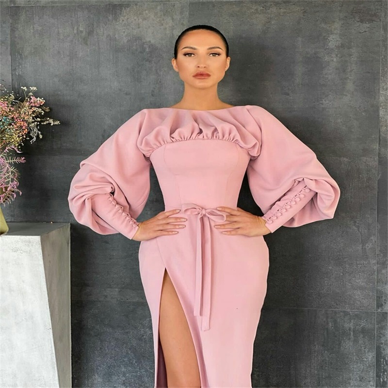 Side Split Prom Dresses Elegant Satin Button Long Sleeves Mermaid Evening Dress Ruched Formal Pageant Dress Custom Made Sweep Train