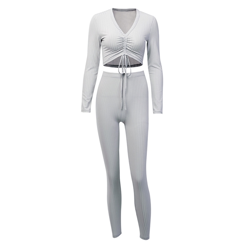 Two Piece Set Women Knitted Lounge Wear Sets 2pcs Crop Top Suit Ladies Tracksuit Set Autumn Casual Streetwear Clubwear 201120