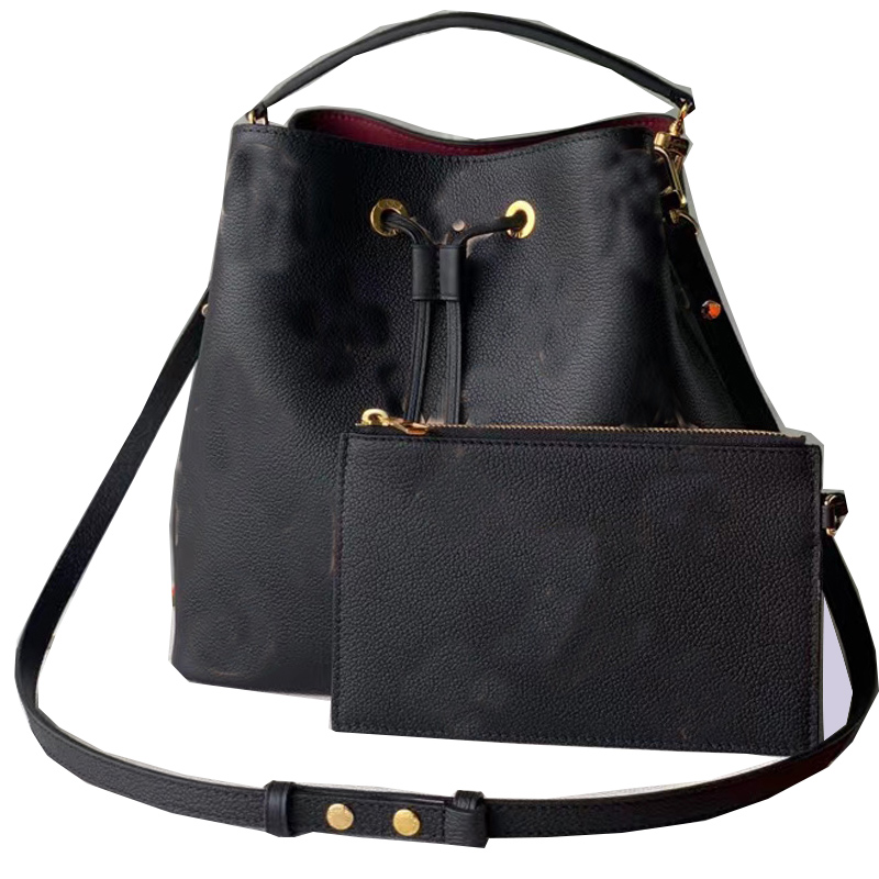 TOP Neonoe Bucket Bag Fashion Handbag Purse Embossed Letter Graind Genuine Leather Shoulder Crossbody Bags Flower Printing Drawstring Handbags Adjusta