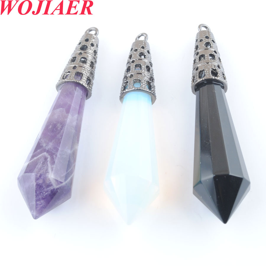 WOJIAER Retro Natural Stone Pendants for Necklaces 12 Faceted Pyramid Wicca Purple Crystal Sodalite Tiger Eye Opal Reiki DBO917
