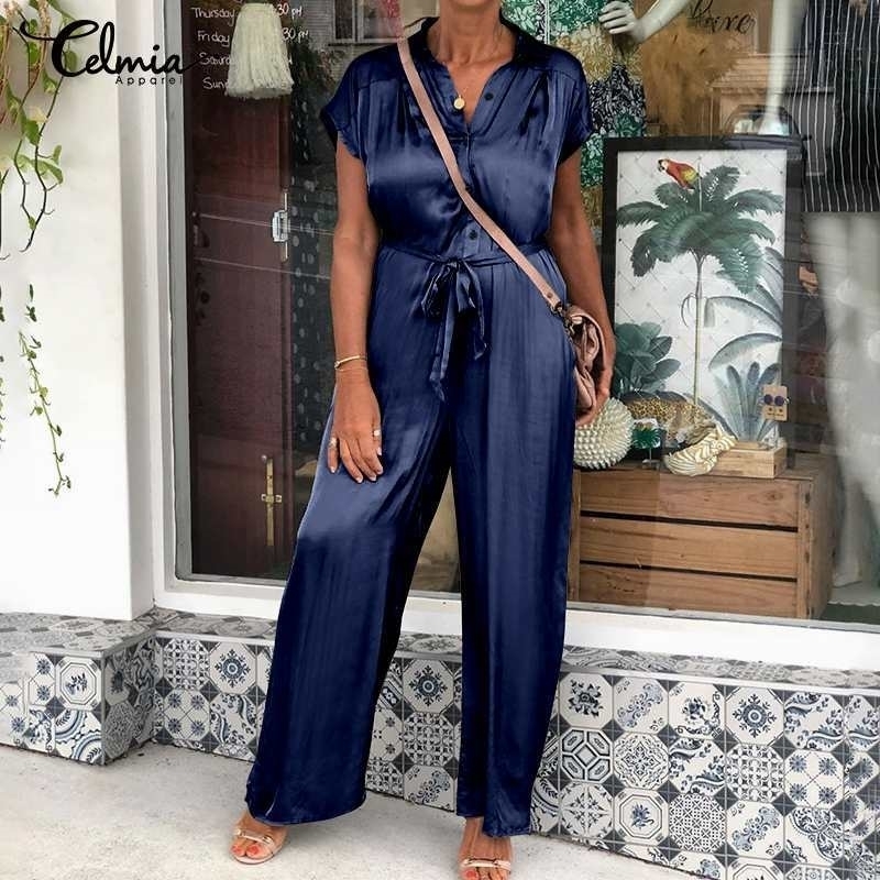 Women Rompers Celmia Ladies Long Jumpsuits Summer Short Sleeve Casual Solid Satin Elegant Wide Leg Playsuits Plus Size Overalls Y200904, Navy
Women Rompers Celmia Ladies Long Jumpsuits Summer Short Sleeve Casual Solid Satin Elegant Wide Leg Playsuits Plus Size Overalls Y200904, Navy