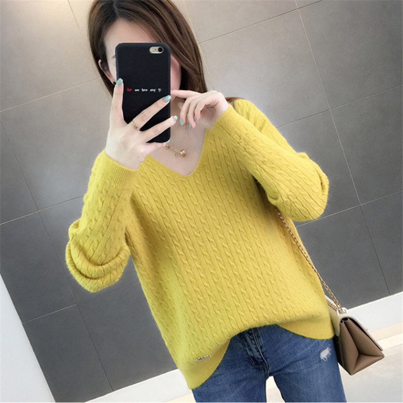Casual V-Neck Women Sweater Winter Warm Jumper Pink Loose Cashmere Sweater Knitted Pullover Top Pull Hiver Femme 201225