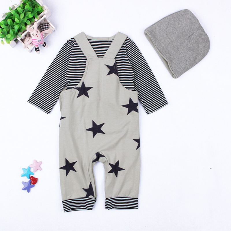 Baby Boys Baby Girls clothing set Newborn baby black grey striated T-shirt+ bib pants + hat stars pattern costumes suits Y1105