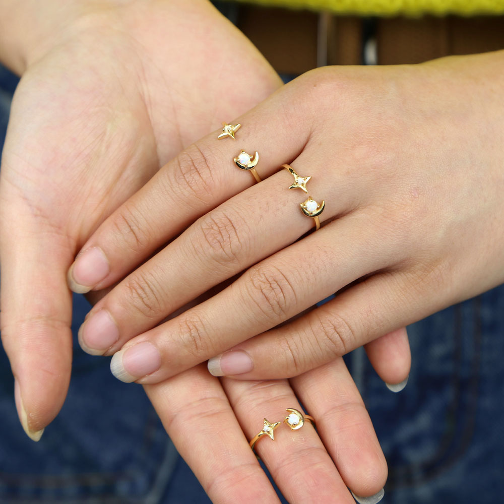 Wholesale Real 925 Sterling Silver Cute Moon Star Adjust Finger Ring with Tiny Band Open Ring Set White Opal Silver Fine Gold Jewelry