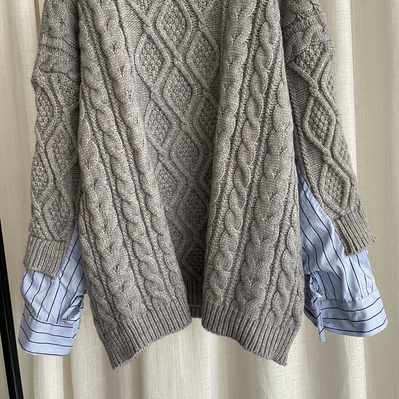 Autumn winter New design womens o-neck coarse wool knitted loose palazzo pullover jumper shirt patched faux 2 pcs sweater tops