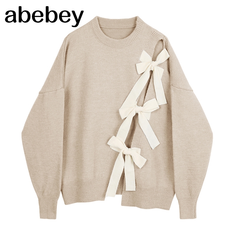Apricot Bow Big Size Knitting Sweater Loose Round Neck Long Sleeve Women Pullovers New Fashion Autumn Winter 1DA814 210218
