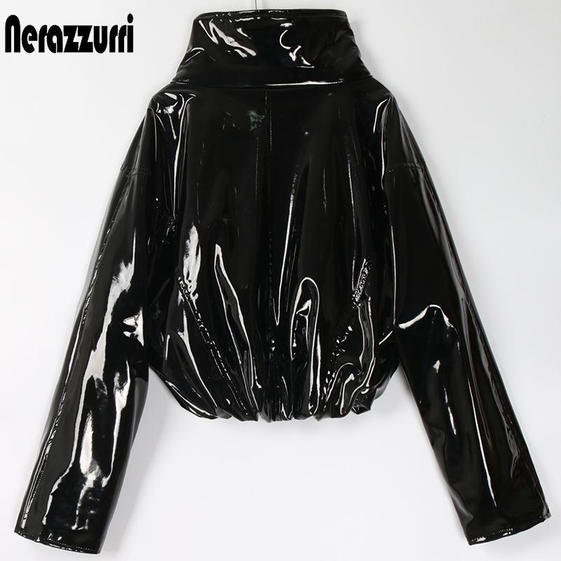 Nerazzurri Zip up patent leather jacket women long sleeve Short oversized plus size fashion Fall women clothes dropshipping 201226