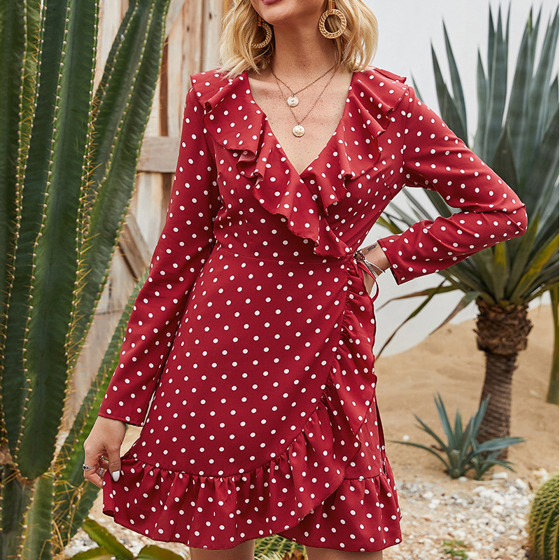 Fashion retro Polka dot long sleeve ruffled print Vneck dress womens mini dress Summer sexy beach short dress vestidos T200613