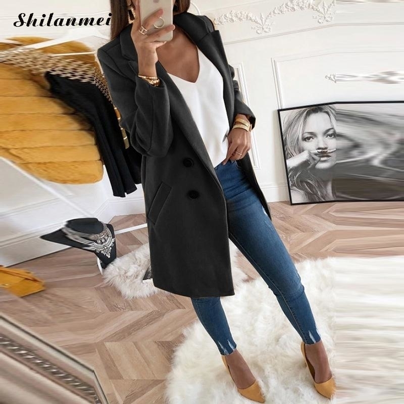 New Women Long Sleeve Turn-Down Collar Outwear Jacket Wool Blend Coat Casual Autumn Winter Elegant Overcoat Loose Plus Size T200319