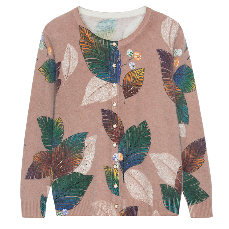 YISU Fashion leaf print women knitted cardigan sweater Oneck buttons short cardigan jumper Casual female ladies outwear 201221