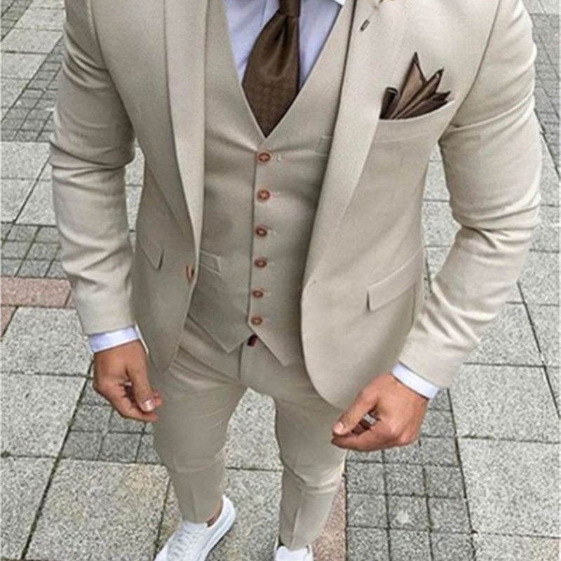 Beige Mens Suits Three Piece Jacket Pants Vest Custom Slim Fit Male Blazer Wedding Groom Tuxedos men suit 201014