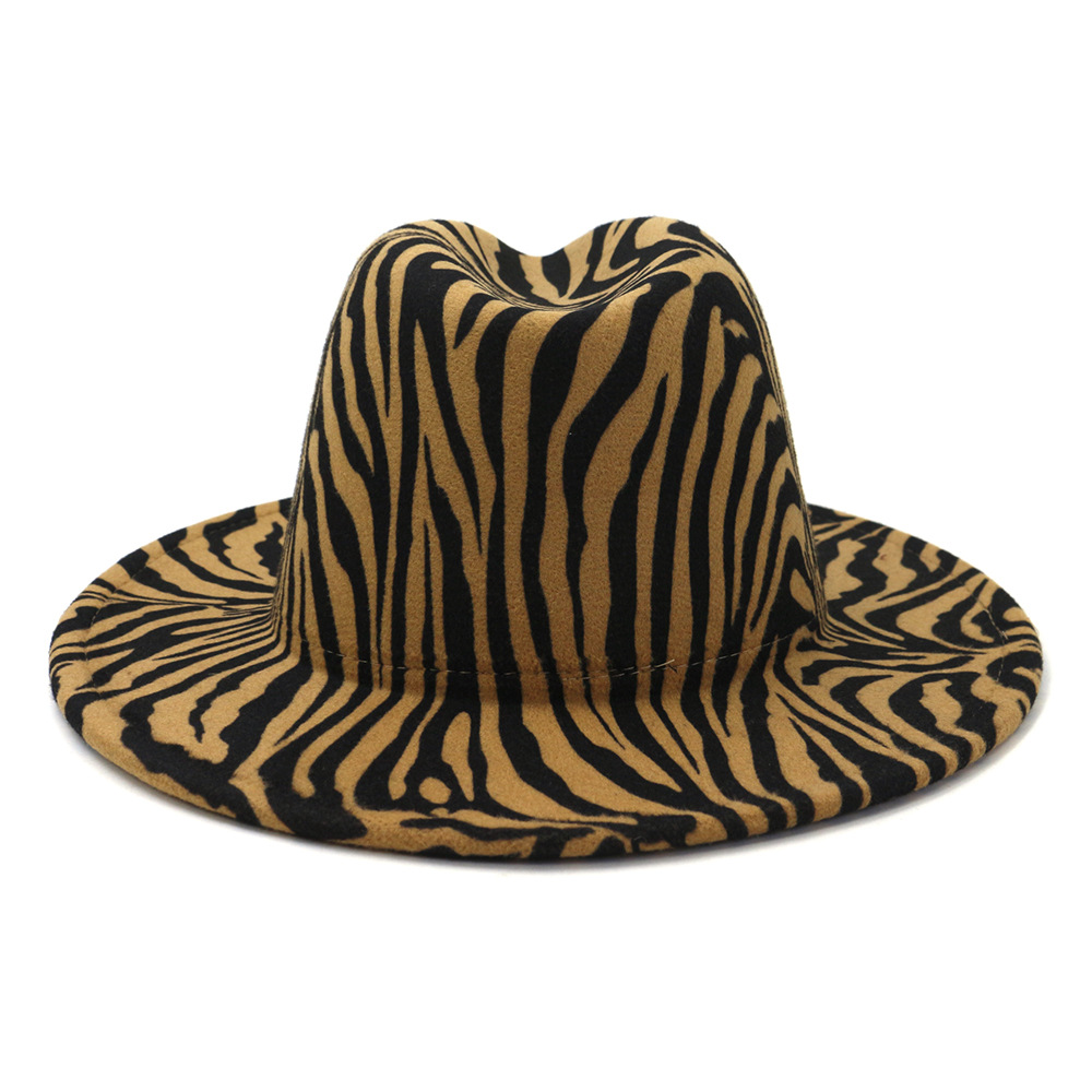 fashion Zebra Pattern Artificial Wool Felt Fedora Hats Fashion Women Men Large Brim Jazz Party Cap Panama Style Cowboy Hat