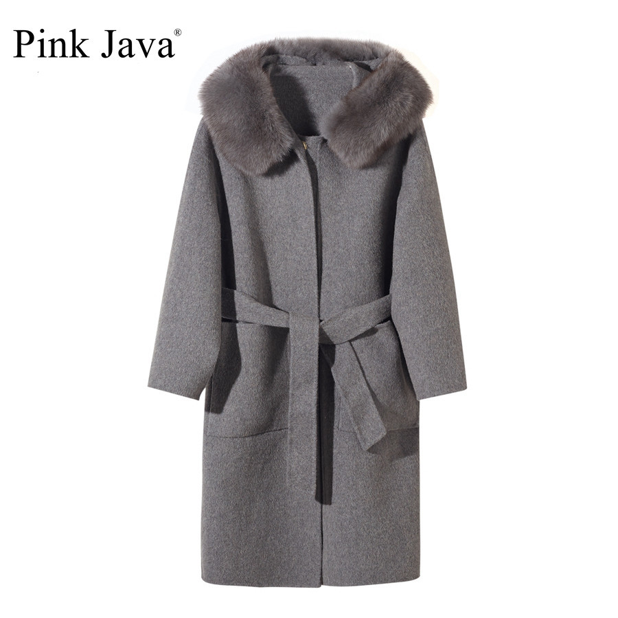 pink java QC19055-2 new arrival hot sale real fox fur collar wool coat carshmere coat big size women coat fashion wholesale 201223