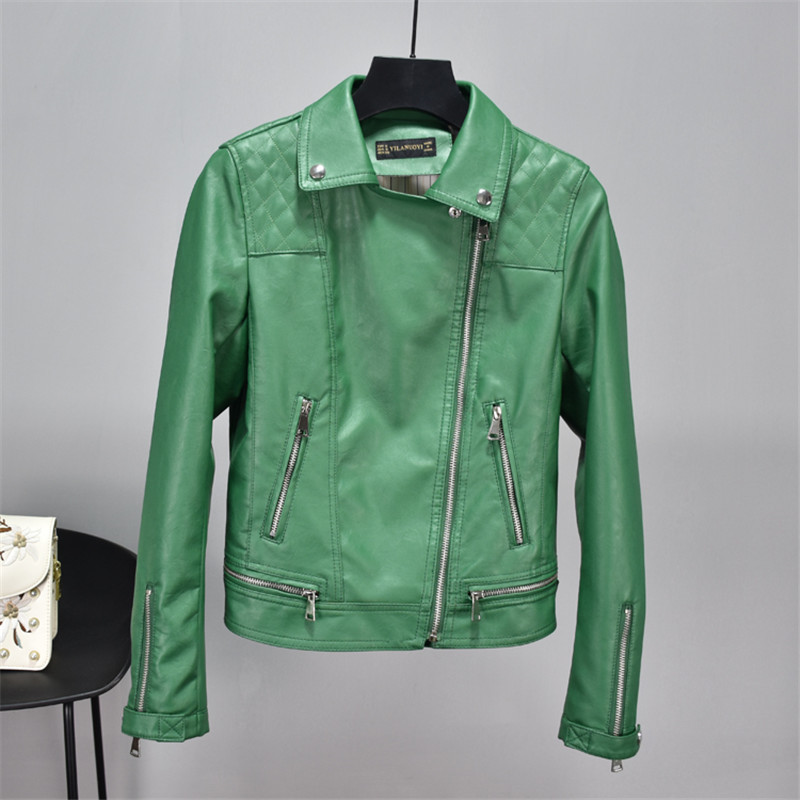 Autumn Winter Short Green Black Faux Leather Jackets Basic Coat Fashion Rivet Zipper Moto Biker Jacket Punk Outerwear 201020