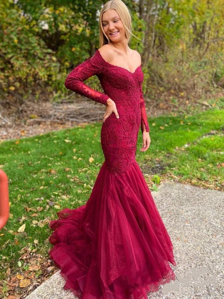 Elegant Lace Mermaid Evening Dresses Sexy Off Shoulder Long Sleeves Sweep Train Applique Formal Mother Dress Prom Party Gowns L40 0510
