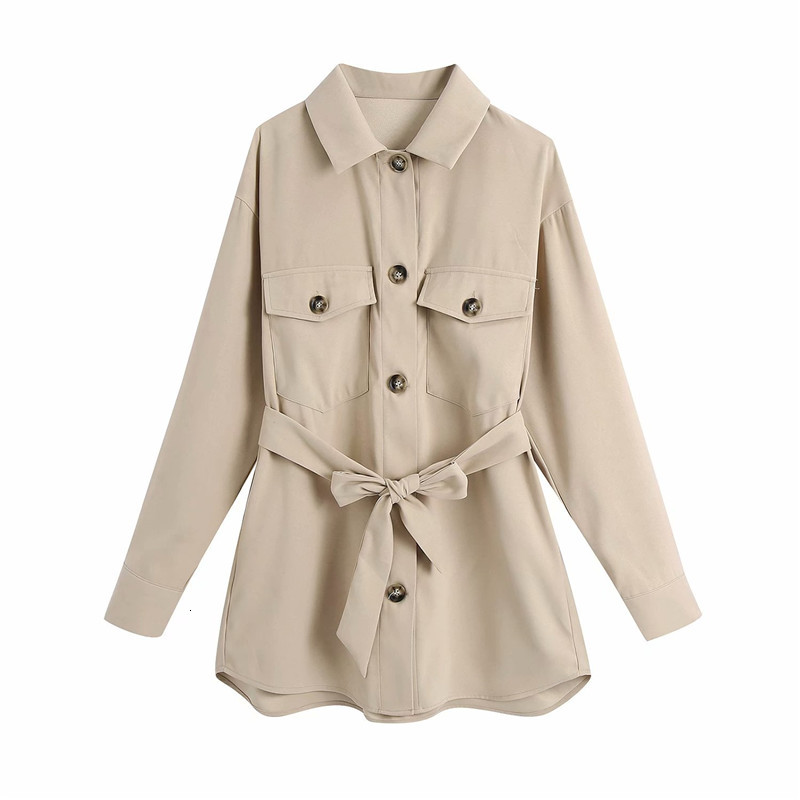 2021 New Streetwear Women Khaki Turn Collar Shirts Fashion Ladies Pocket Long Tops Causal Female Chic Button Sashes Blouses Ljdh