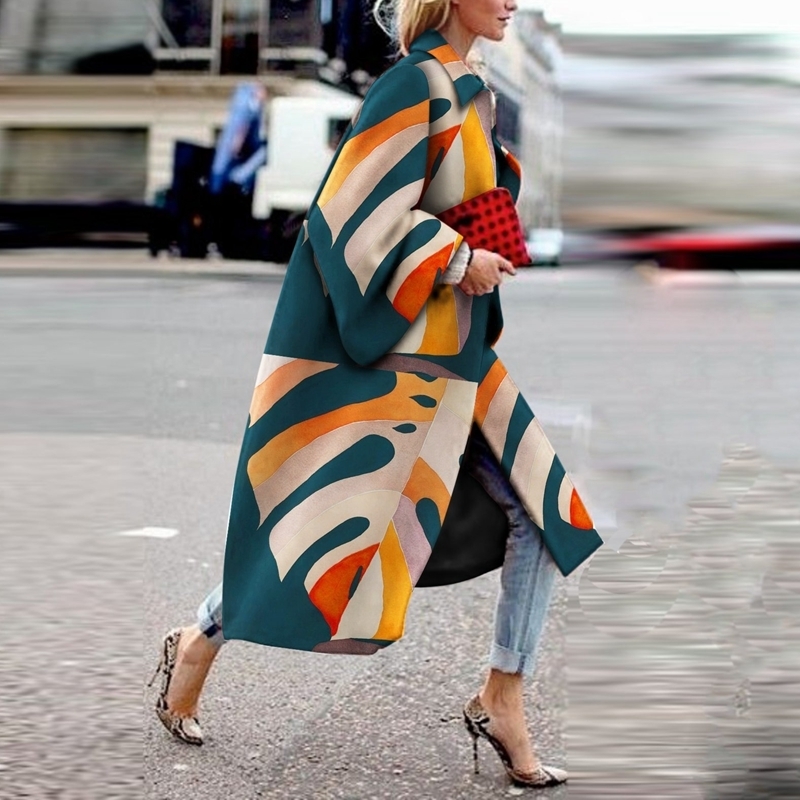 Women Winter Coat Long Length Flared Sleeve Printed Loose Windbreaker Straight Type Lapel Women Coat 201211