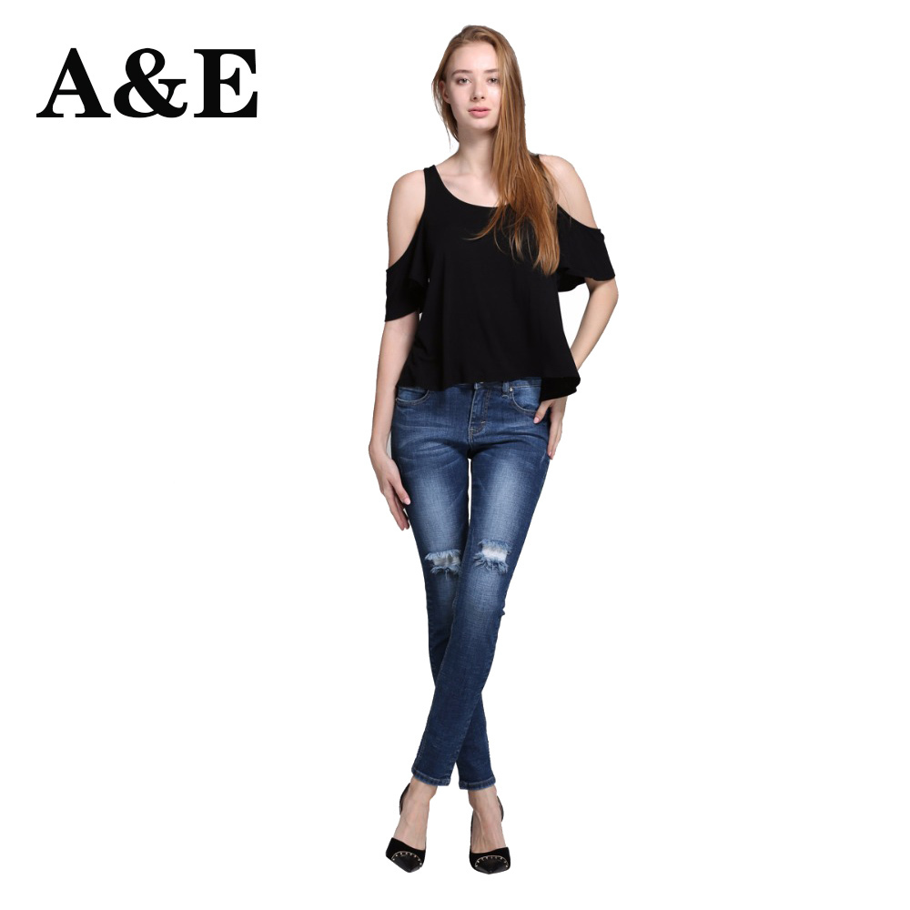 Alice & Elmer Women's jeans straight For Girls Mid Waist Stretch Female Jeans Pants Torn jeans for women 201030