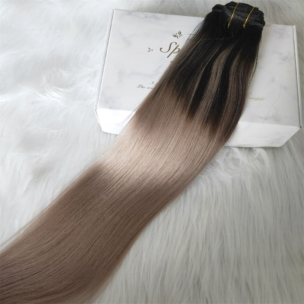 Balayage Clip In Hair Extensions Natural Black Color Fading To Ash Blonde Ombre Double Weft Extension 120G