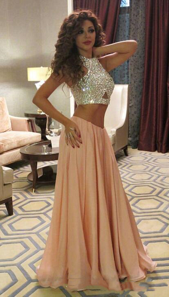 Sexy Peach Crop Top Prom Dresses Two Piece Crystals Beads Long Special Occasion Dress For Girls Evening Party Pageant Gowns Sparkly Vestidos