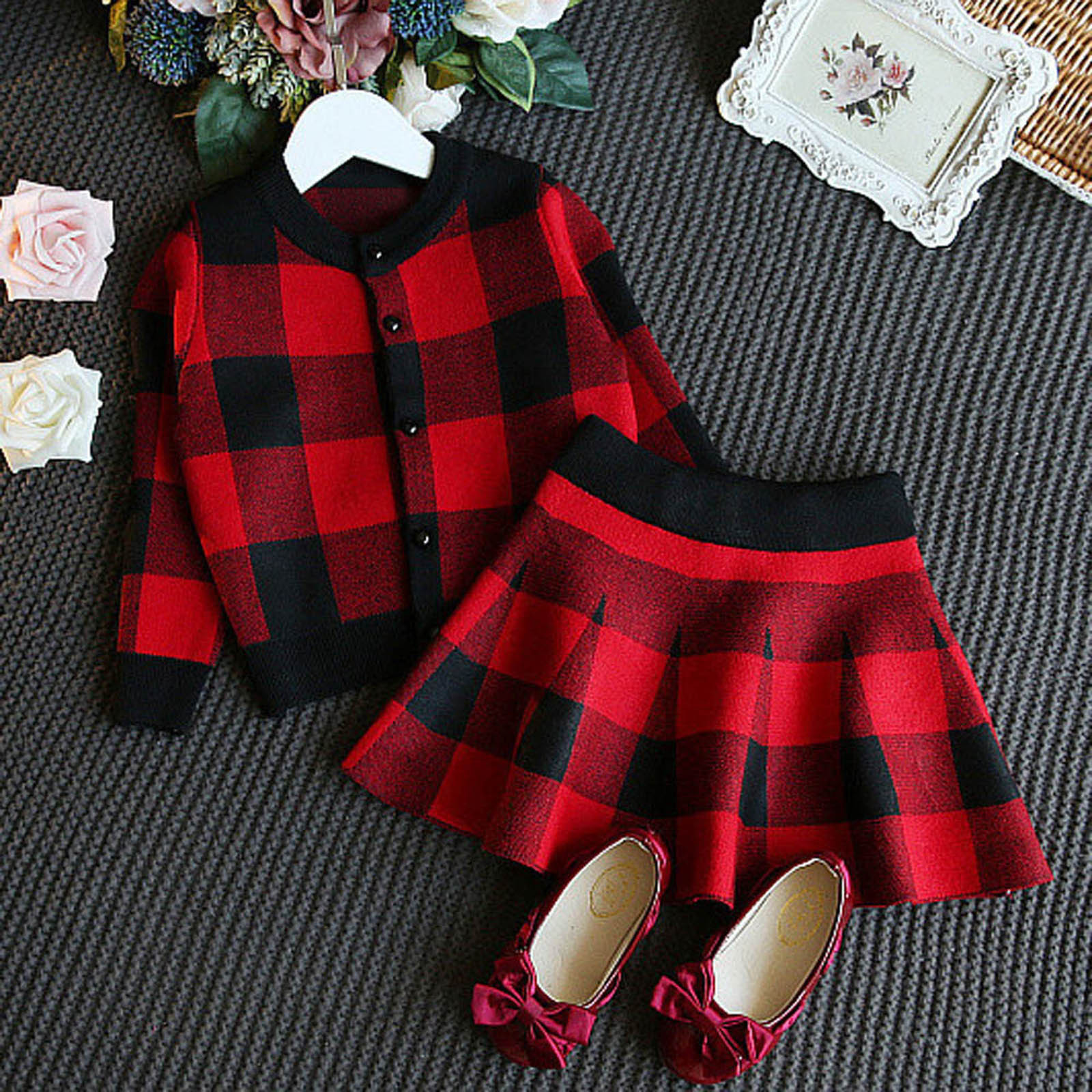 Plaid Knitted Girls Clothes Set Toddler Kids Baby Girls Long Sleeve Sweater Coat Tops+Skirt Outfit Clothing Set Christmas GiftsX1019
