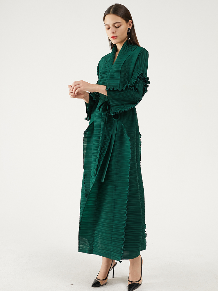 Miyake pleated petal sleeve dress lapel cardigan Sashes long sleeve casual plus size long green dress winter women clothes 201203