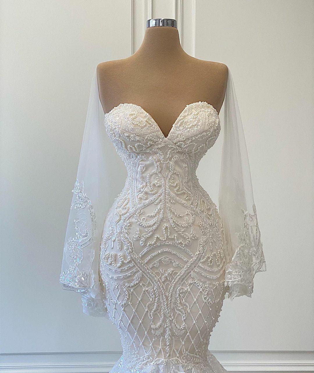 Elegant White Mermaid Wedding Dress Beads Lace Applique Bridal Gowns Nigerian Arabic Marriage Dresses Robe De Mariee 0431