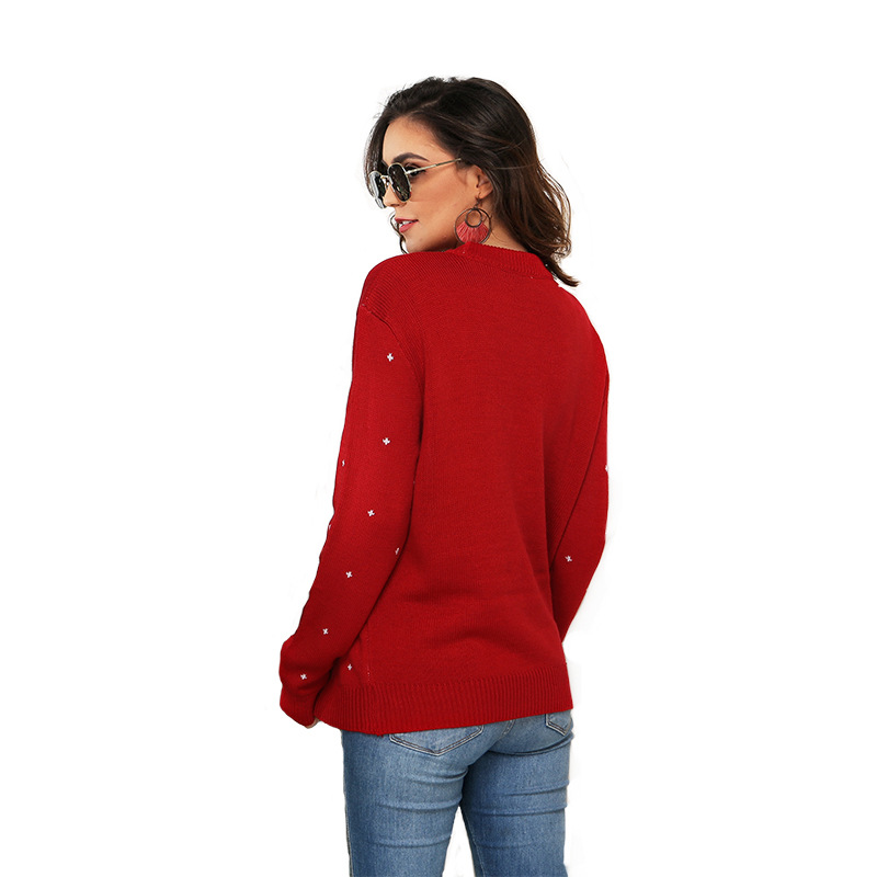 Womens Fashion Christmas Sweaters Penguin Jacquard Loose Fitting Long Sleeve Knitted Pullover Sweaters