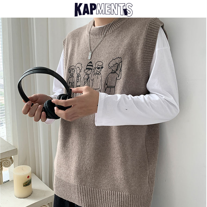 KAPMENTS Men Cartoon Harajuku Sweater Vest Winter Mens Japanese Streetwear Knitted Sweaters Male Loose Vintage Knitted Vest 201125