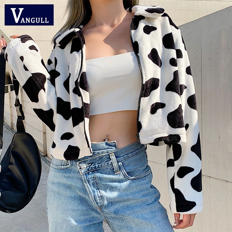 Vangull Fur Coats For Women Cow Print Teddy Jacket Modis Longslive Zipper Casual Warm Autumn Winter Harajuku Coat Female