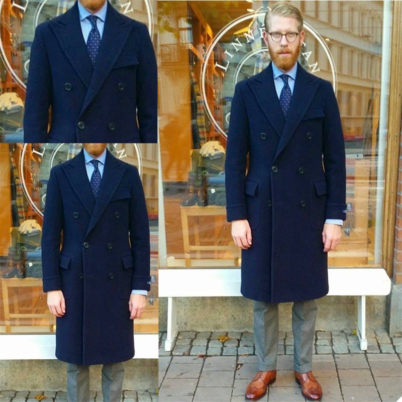 High Quality Wool Men Suits Thick Custom Made Navy Windbreaker Double Breasted Tuxedos Peaked Lapel Blazer Business Long Coat