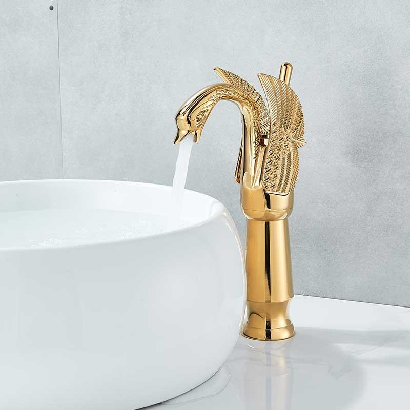Golden Swan Basin Sink Faucet Single Handle Countertop Bathroom Mixer Tap Deck Mounted Brass Hot Cold Water Tap Chrome Mixer