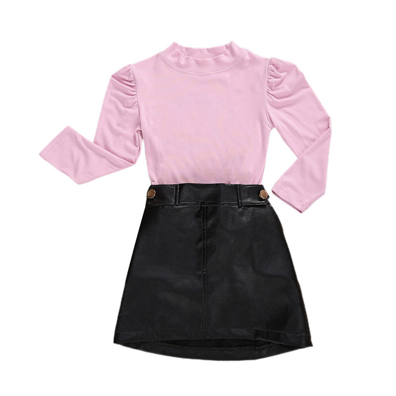 2020 New Kids Baby Girls Long Sleeve Tops + Short Leather Skirt Simple Solid Color Style Fold Decoration Spring ClothingX1019