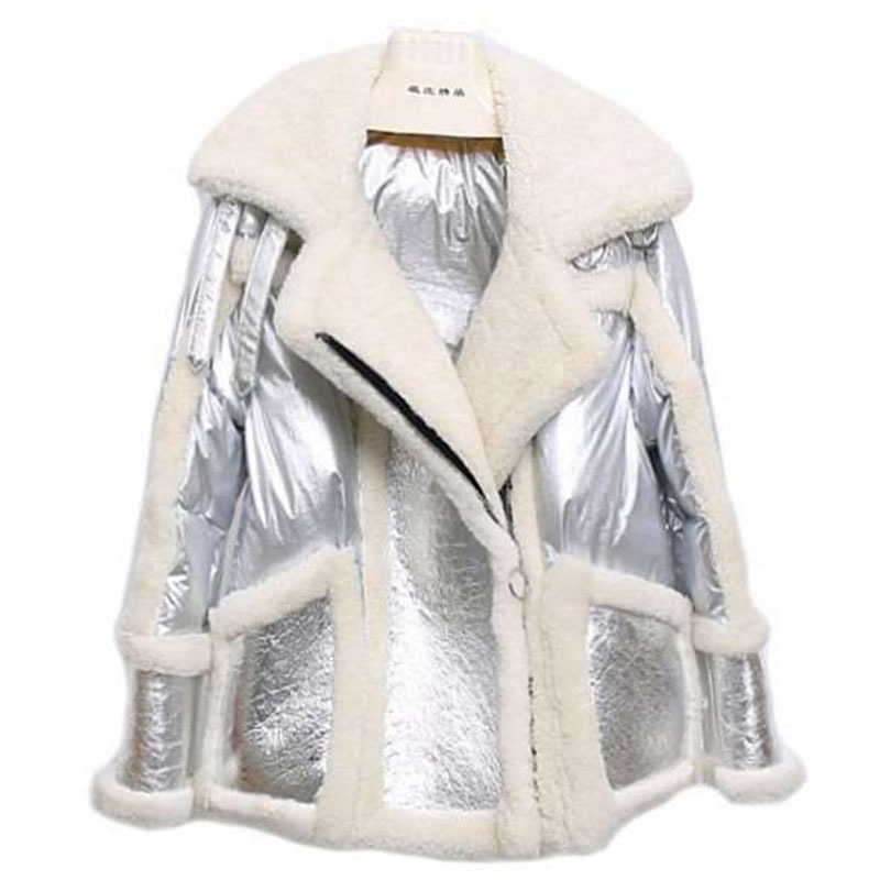 PERHAPS U Women Black Pink Silver Cotton Glossy Patchwork Lambswool Teddy Coat Turn Down Collar Zipper Pocket Coat Winter C0423 201019