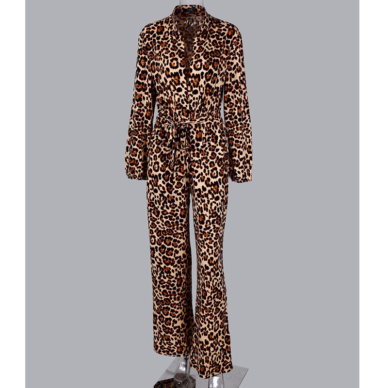 Sexy women romper Leopard Tied Waist Long Sleeve Jumpsuit T200509