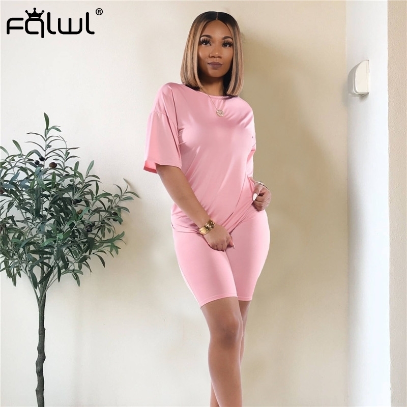 FQLWL Casual Two Piece Set Women Suit Matching Sets Pink Outfits Summer Clothes For Women Crop Top Biker Shorts Set Tracksuit T200603