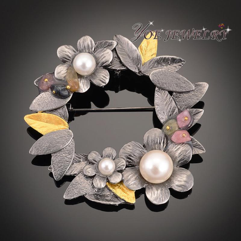 IYOE Antique Plated Metal Flower Brooches Pendant With Natural Stone Simulated Pearl Brooch Pins Women Vintage Jewelry