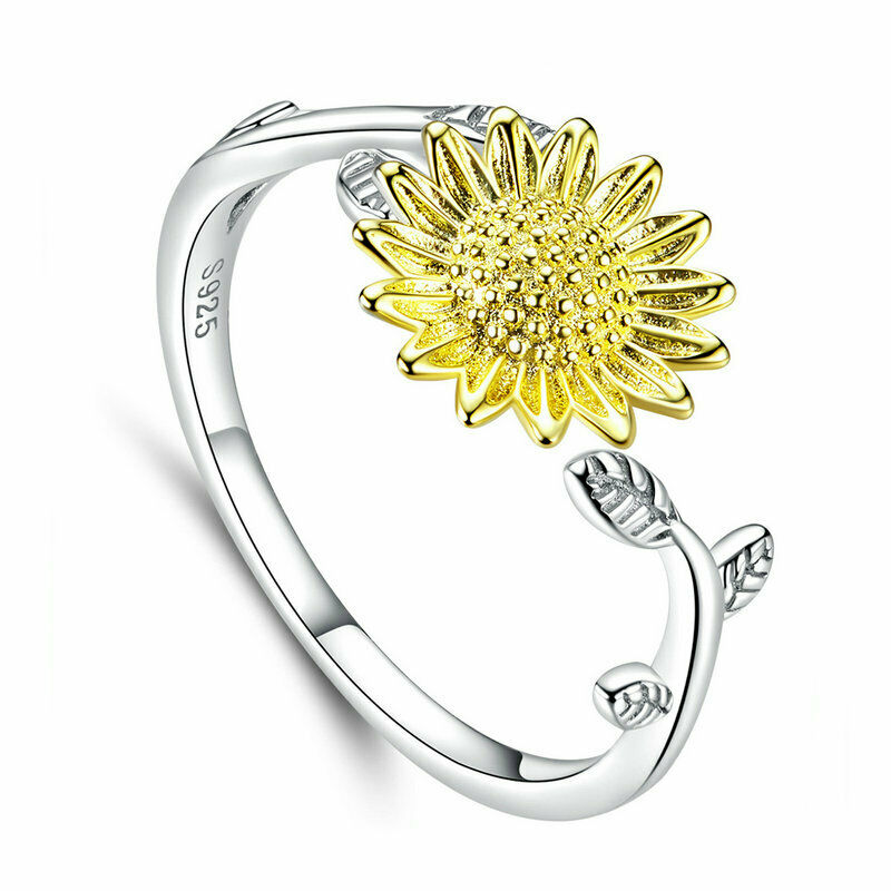 Authentic 925 Sterling Silver Sunflower Finger Open Ring Jewelry For Women Girls