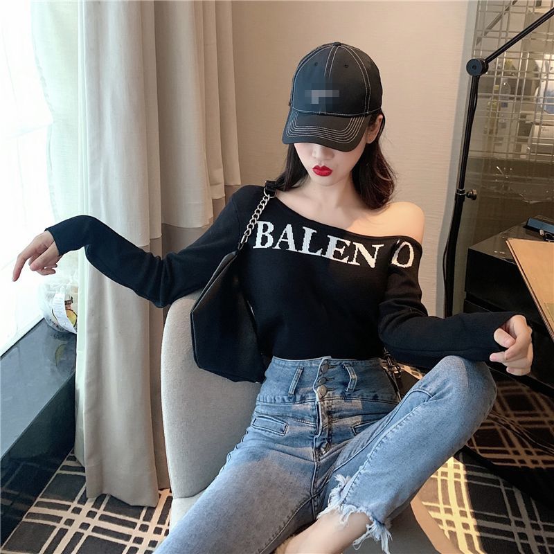 Women's Spring Autumn Knit Sweater Slim Fit Full Letter Knit Tops Sexy Slash Neck Off-Shoulder Bottoming Pullover Sweater ML721 201023