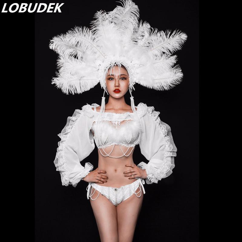 White Pearl Bikini Feather Headdress Set Sexy Fashion Women DJ Singer Dancer Nightclub Bar Costume Models Catwalk Stage Wear
White Pearl Bikini Feather Headdress Set Sexy Fashion Women DJ Singer Dancer Nightclub Bar Costume Models Catwalk Stage Wear
