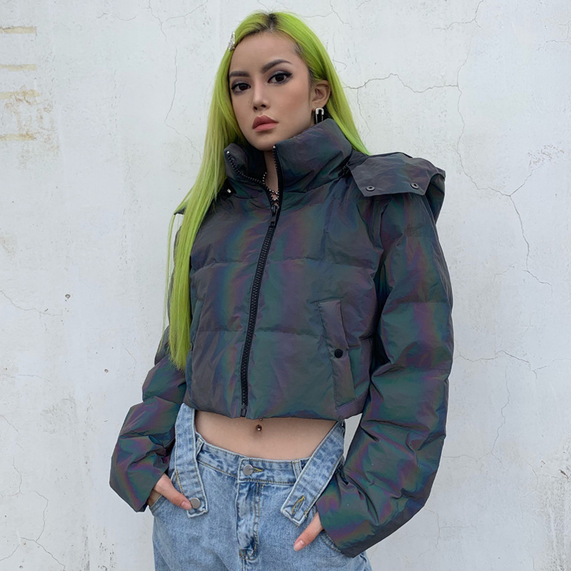 Detachable Hooded winter Reflective Down Parka women luminous Winter coat Women loose glowing jacket hip pop streetwear Coat T200111