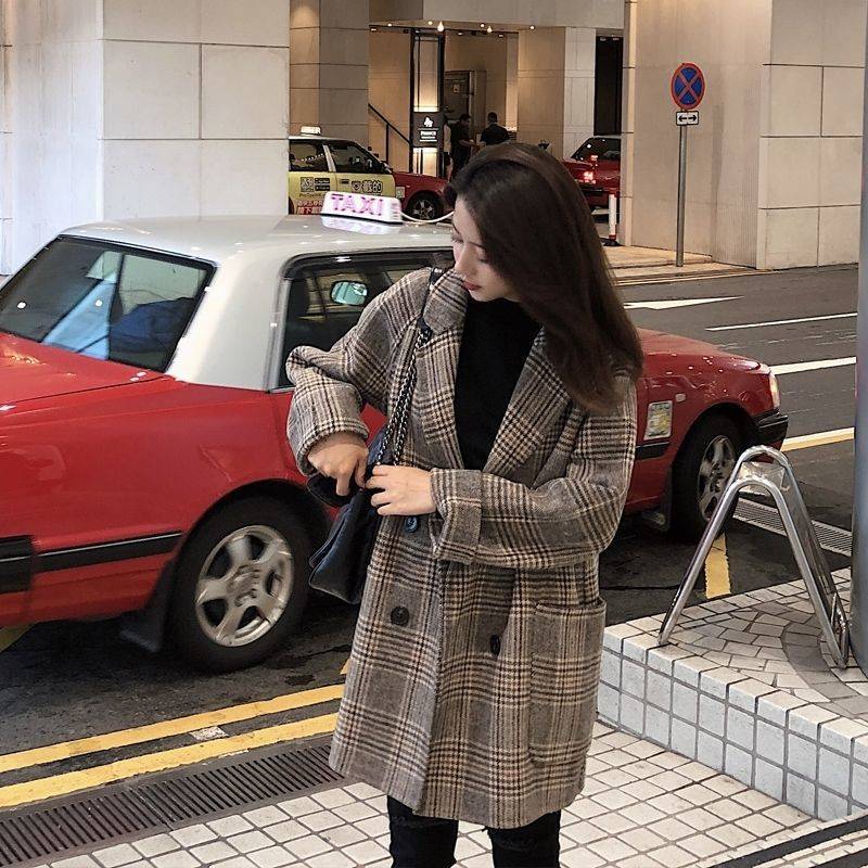 Wool Blends Women Classic Medium-long Style Womens Plaid Students Korean Outwear Elegant Vintage Double Breasted Oversize Modern 201222